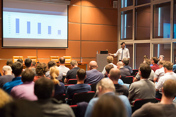 Image showing Business speaker giving a talk in conference hall.