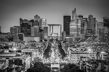 Image showing La Defence, Paris business district at dusk.