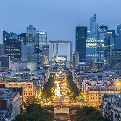 Image showing La Defence, Paris business district at dusk.