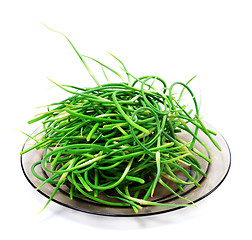 Image showing Fresh garlic scapes on glass plate