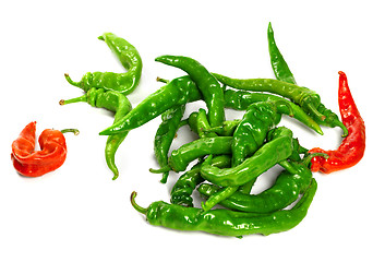 Image showing Red and green peppers with water drops