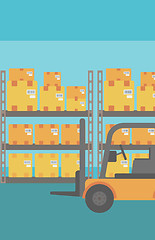 Image showing Background of forklift truck and cardboard boxes in warehouse.