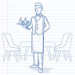 Image showing Waiter holding tray with beverages.