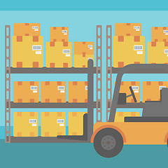 Image showing Background of forklift truck and cardboard boxes in warehouse.