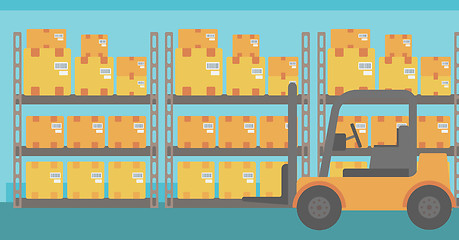 Image showing Background of forklift truck and cardboard boxes in warehouse.