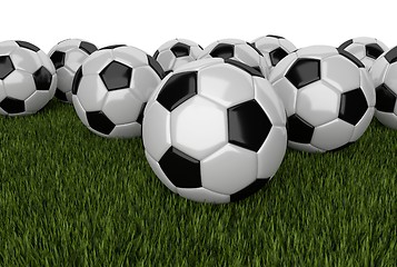 Image showing many soccer balls on grass