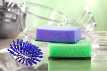 Image showing household cleaning sponges and brush