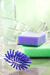 Image showing household cleaning sponges and brush