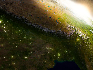 Image showing Nepal and Bhutan from space during sunrise