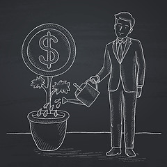 Image showing Man watering money flower.