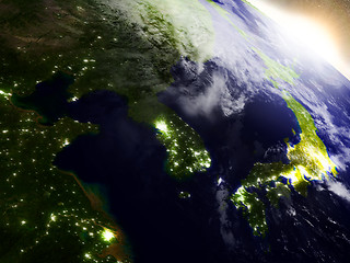 Image showing South Korean and North Korea from space during sunrise