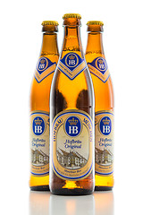 Image showing Three bottles cold light lager beer Bavarian Hofbrau Munich brew