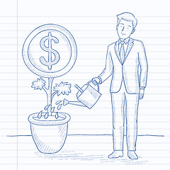 Image showing Man watering money flower.