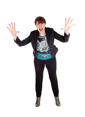 Image showing Woman screaming with hands up.