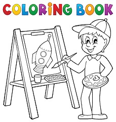 Image showing Coloring book boy painting on canvas