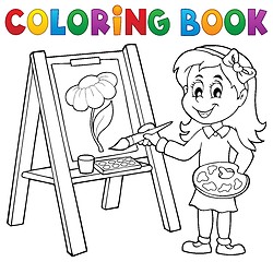Image showing Coloring book girl painting on canvas
