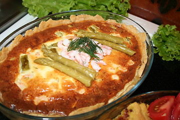 Image showing Pie with shrimps and asparagus