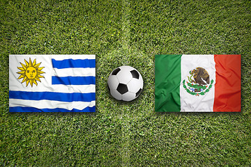 Image showing Uruguay vs. Mexico flags on soccer field