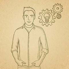 Image showing Man with bulb and gears.