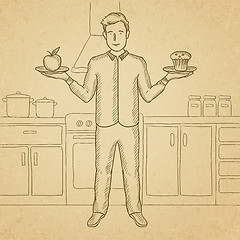 Image showing Man with apple and cake.