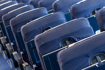 Image showing Empty old airplane seats in the cabin, selective focus