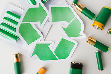 Image showing close up of batteries and green recycling symbol