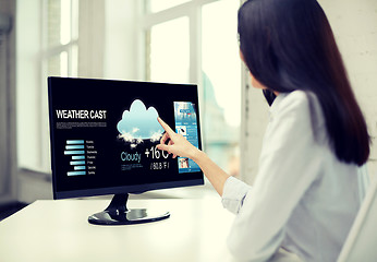 Image showing close up of woman with weather cast on computer