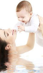 Image showing happy mother with baby boy in water