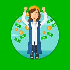 Image showing Happy woman with  flying money. 