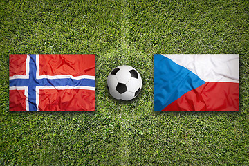 Image showing Norway vs. Czech Republic flags on soccer field