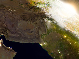 Image showing Afghanistan and Pakistan from space during sunrise