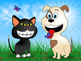 Image showing Cat With Dog Shows Purebred Cats And Grassy