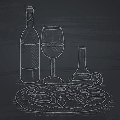 Image showing Dinner with wine and pizza.