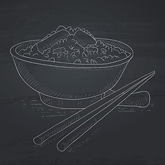 Image showing Bowl of boiled rice with chopsticks.