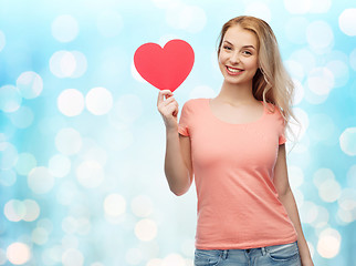 Image showing happy woman or teen girl with red heart shape