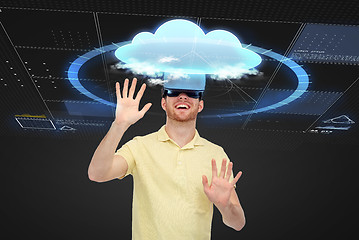 Image showing happy man in virtual reality headset or 3d glasses