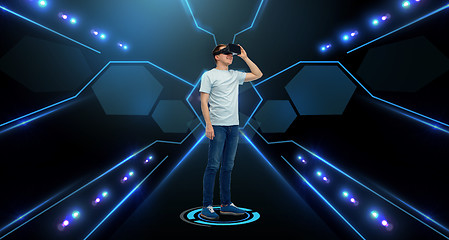 Image showing happy man in virtual reality headset or 3d glasses