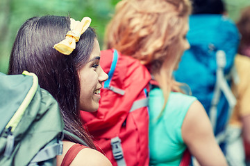 Image showing group of smiling friends with backpacks hiking