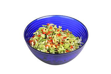 Image showing Vegetable Salad in blue salad bowl on white