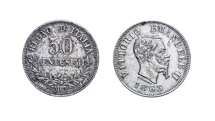 Image showing Fifty 50 Lire cents Silver Coin 1863 Vittorio Emanuele II, Kingdom of Italy