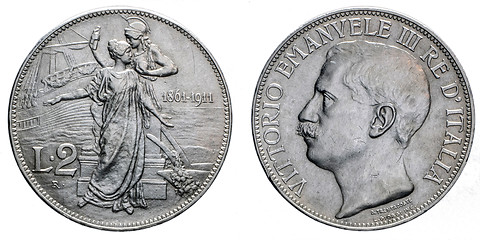 Image showing Two Lire Silver Coin 1911 fiftieth anniversary Vittorio Emanuele III Kingdom of Italy