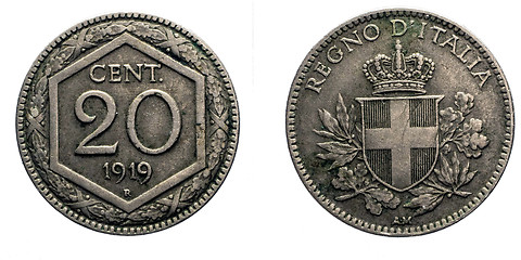 Image showing twenty 20 cents Lire Silver Coin 1919 Exagon Crown Savoy Shield Vittorio Emanuele III Kingdom of Italy