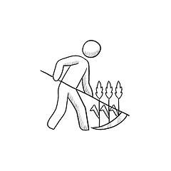 Image showing Man mowing grass with scythe sketch icon.