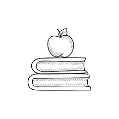 Image showing Books and apple on top sketch icon.