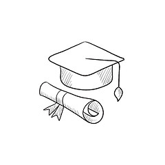 Image showing Graduation cap with paper scroll sketch icon.
