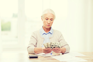 Image showing senior woman with money and papers at home