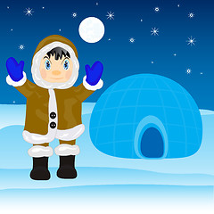 Image showing Eskimo beside igloo