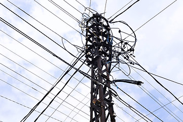 Image showing Many wires on an old electric pole