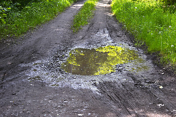 Image showing Puddle on a rural dirt road with reflection and green grass