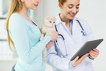 Image showing close up of vet with tablet pc and cat at clinic